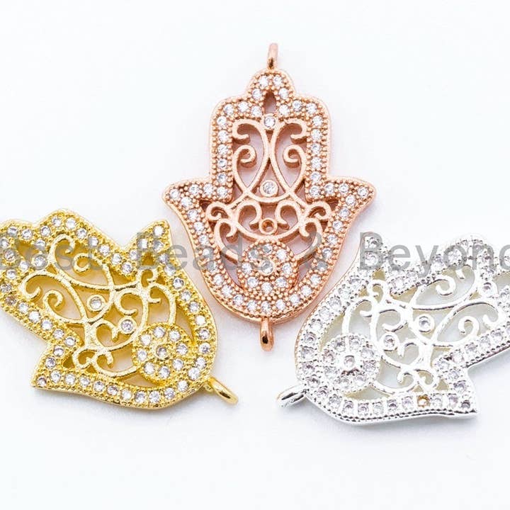 CZ Micro Pave Hohl Floral Hamsa Hand Connector, Cubic Zirkonia Gold/Silber/Roségold vergoldet Hand Charm, SKU #E202 für den Großhandel von BestBeads&Beyond