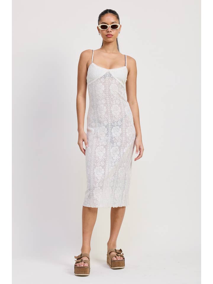 OFF WHITE SPAGHETTI STRAP LACE MIDI DRESS for wholesale on Faire