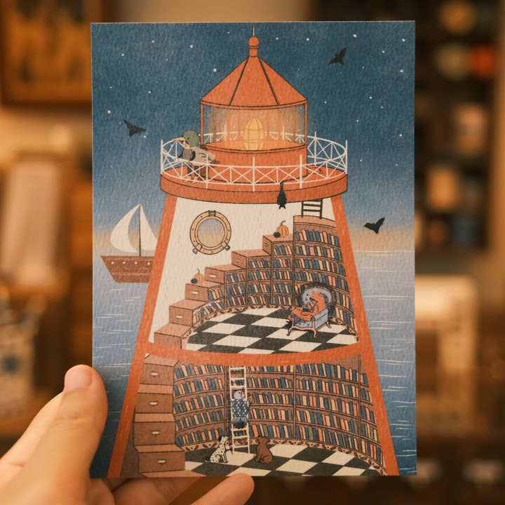Justine Gilbuena - Wholesale Postcard - Spooky Lighthouse Bookshop Postcard Art Print
