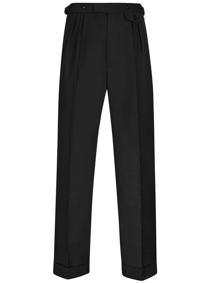 Harry Fishtail Back Trousers - Black for wholesale by Revival Vintage Ltd