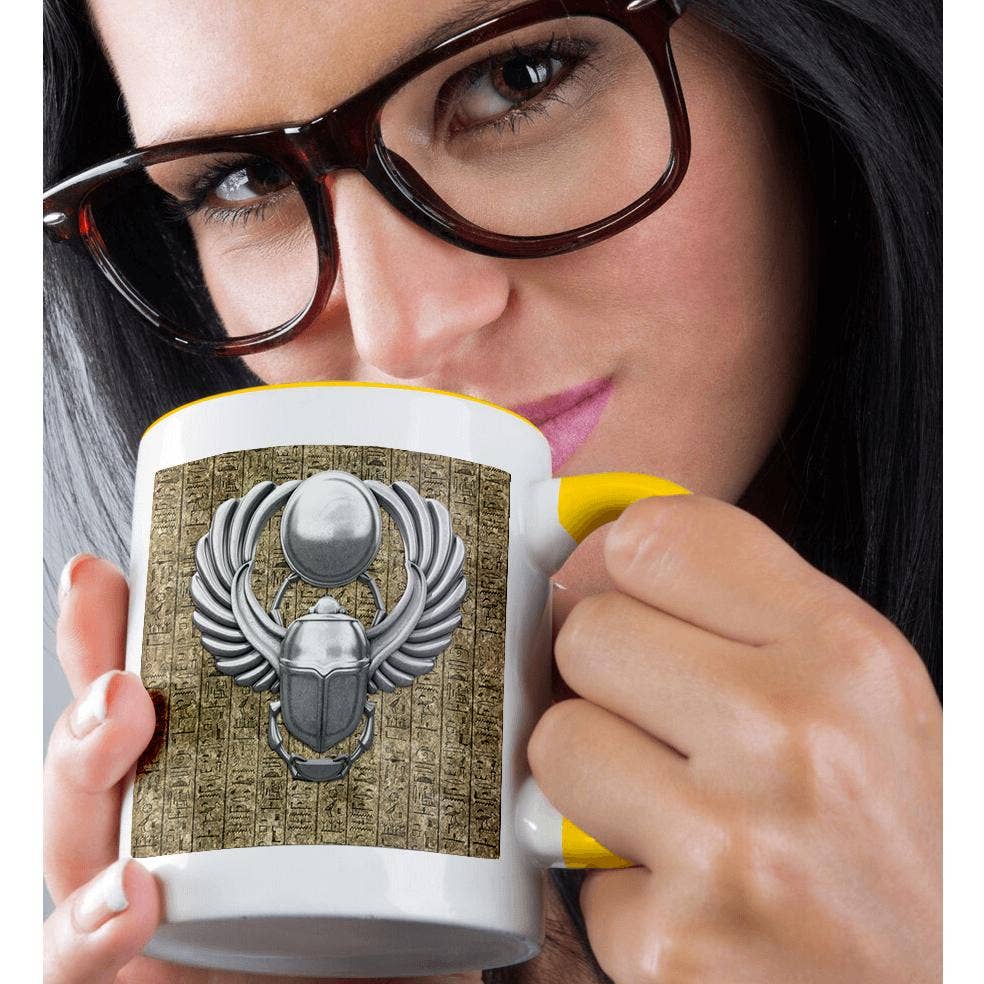 3dRose - Wholesale Coffee Mug - 3dRose, Silver ancient Egyptian Scarab Beetle on hieroglyph wall design., Mug1