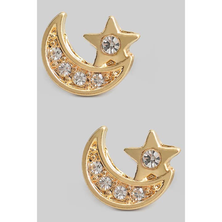 CRESCENT MOON AND STAR STUDS WITH PAVE for wholesale by Girly
