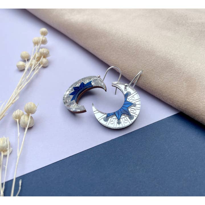 Aurora Moon Drop Earrings - Silver & Cobalt Marble for wholesale by Rosa Pietsch