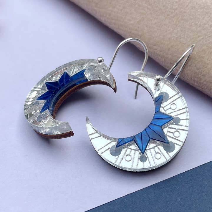 Aurora Moon Drop Earrings - Silver & Cobalt Marble for wholesale by Rosa Pietsch