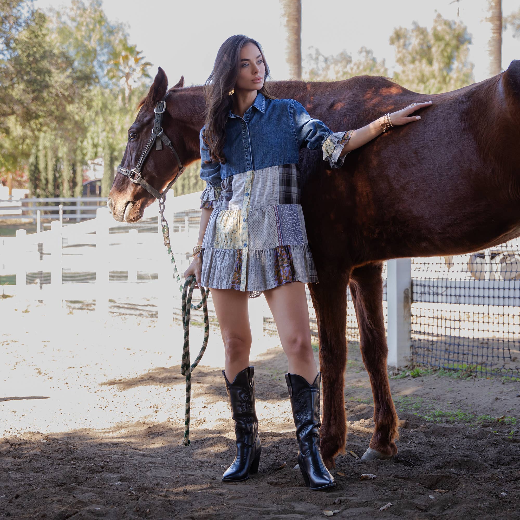 Young Threads - Wholesale Blouse - Women's - Western Denim Yoke Patchwork Tiered Tunic Top (New Color)17