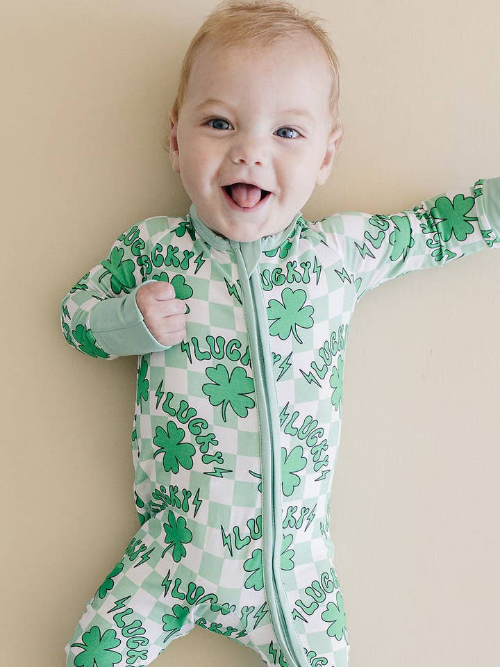 Bamboo St. Patrick's Day Baby Zip Romper | Lucky Shamrock for wholesale by Lucky Panda Kids