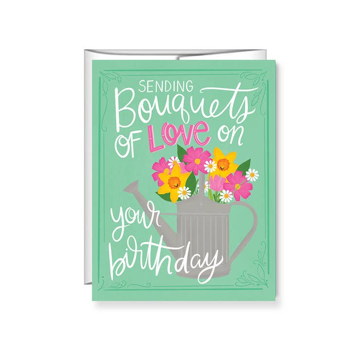 Carte bouquet de joyeux anniversaire au design d'un arrosoir pour la vente par Pen & Paint