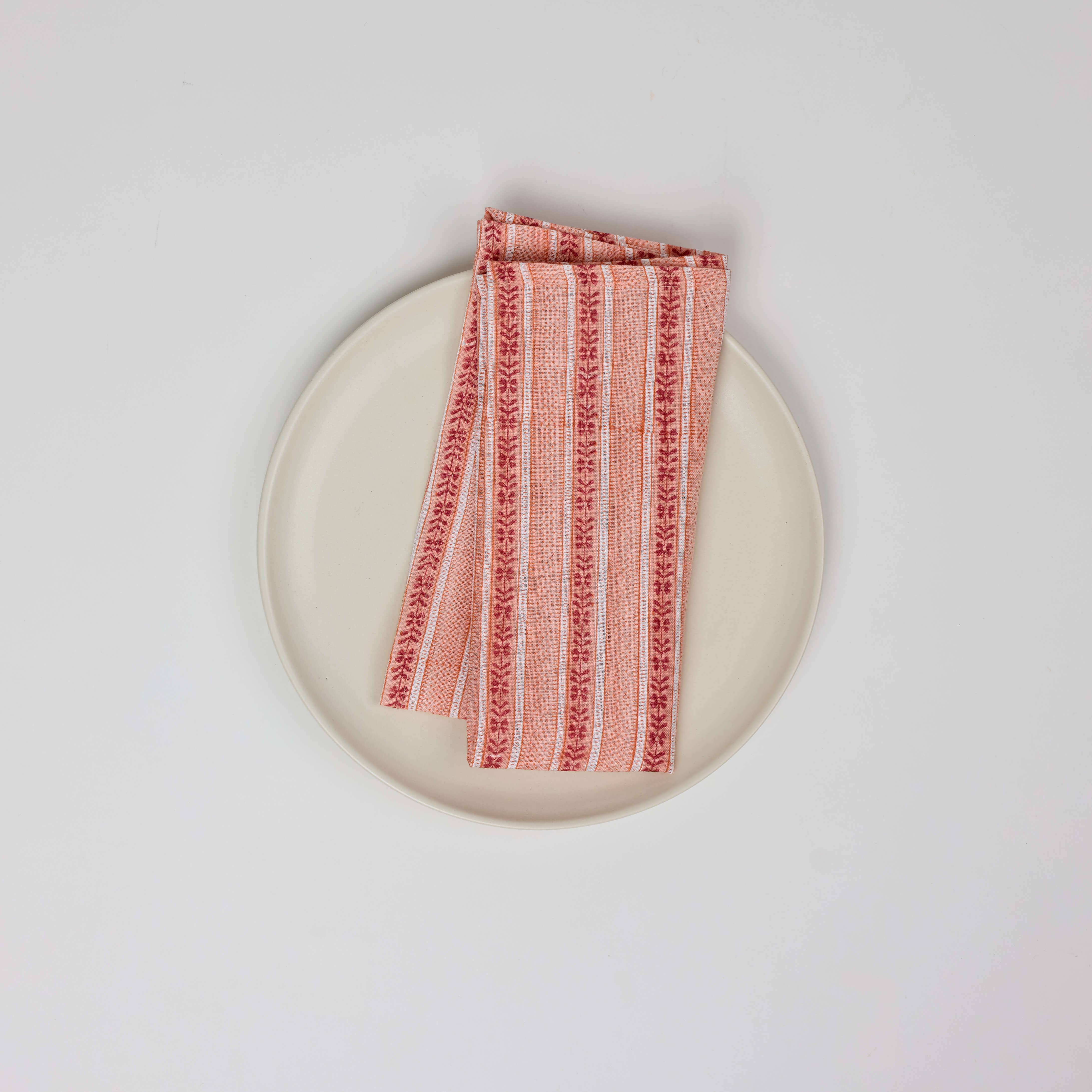 Craft Boat - Wholesale Dinner & Cloth Napkin - HAND BLOCK LINEN NAPKIN SET - FLORAL STRIPE RED1