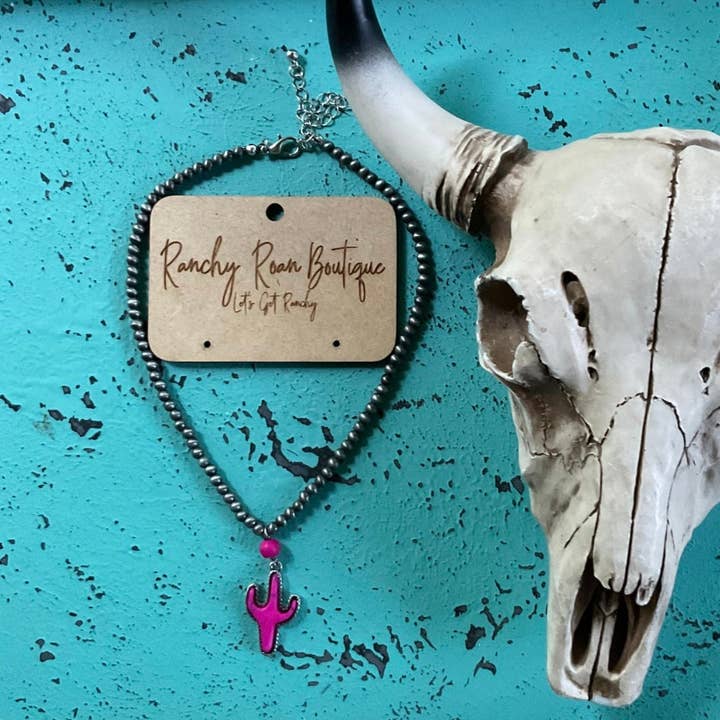 4mm Navajo Style Pearl with Pink Cactus Pendant Choker for wholesale by Ranchy Roan Boutique