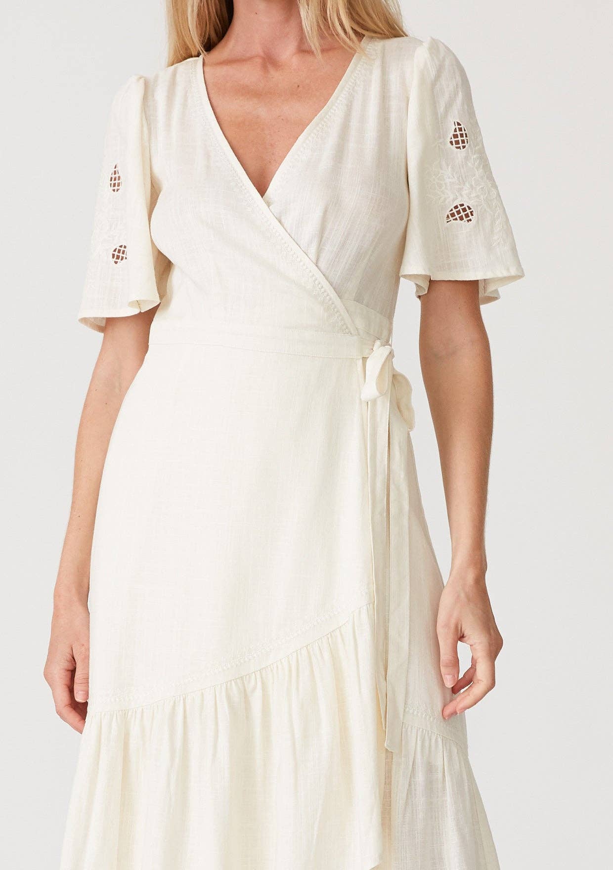 Lovestitch - Wholesale Dress - Women's - Cutout Embroidered Short Sleeve Midi Wrap Dress8