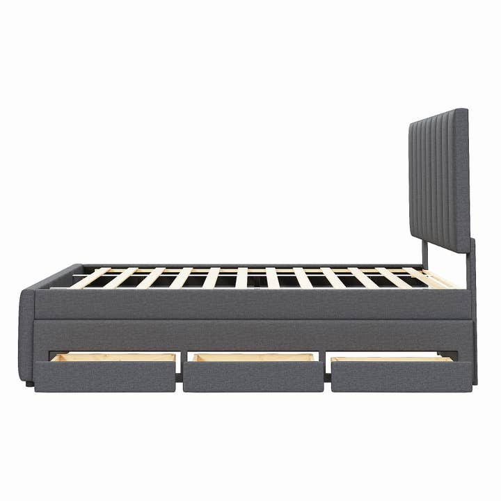 Gray Upholstered Platform Bed with Trundle & 3 Drawers, Linen for wholesale on Faire2