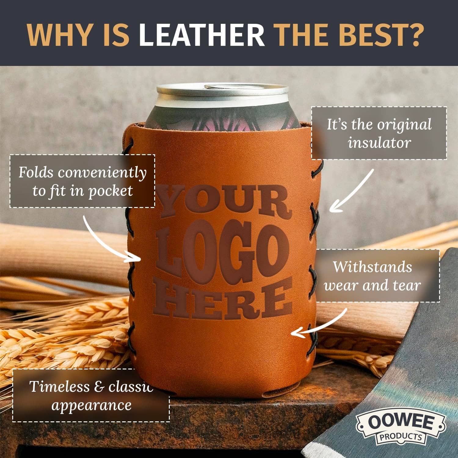 Oowee Products - Wholesale Drink Huggers & Koozies - Customizable Genuine Leather Can Holder Sleeve 5