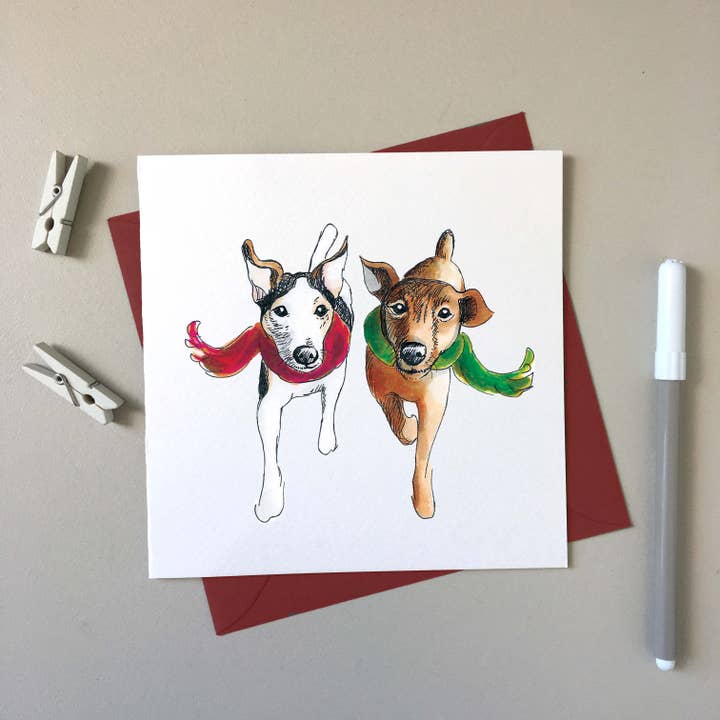 Jack Russells Miley & Jessie - Top Dog kerstkaart voor wholesale door SJ. Vickery Designs Ltd.