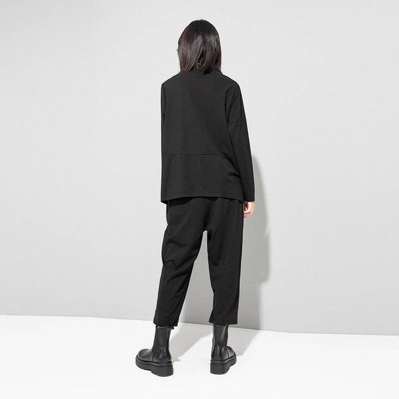 SCHWARZ Langarmshirt mit geteiltem Front-3D-Tasche für den Großhandel auf Faire3