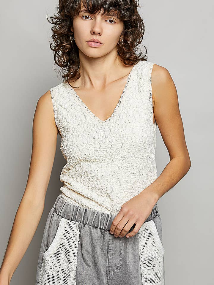 V Neck Sleeveless Lace Trim Neckline Knit Top for wholesale by Pol Clothing