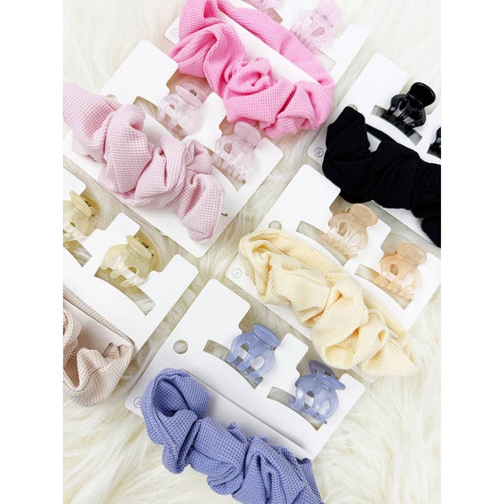Hair Scrunchies with Mini Jaw Clips for wholesale by Love and Repeat
