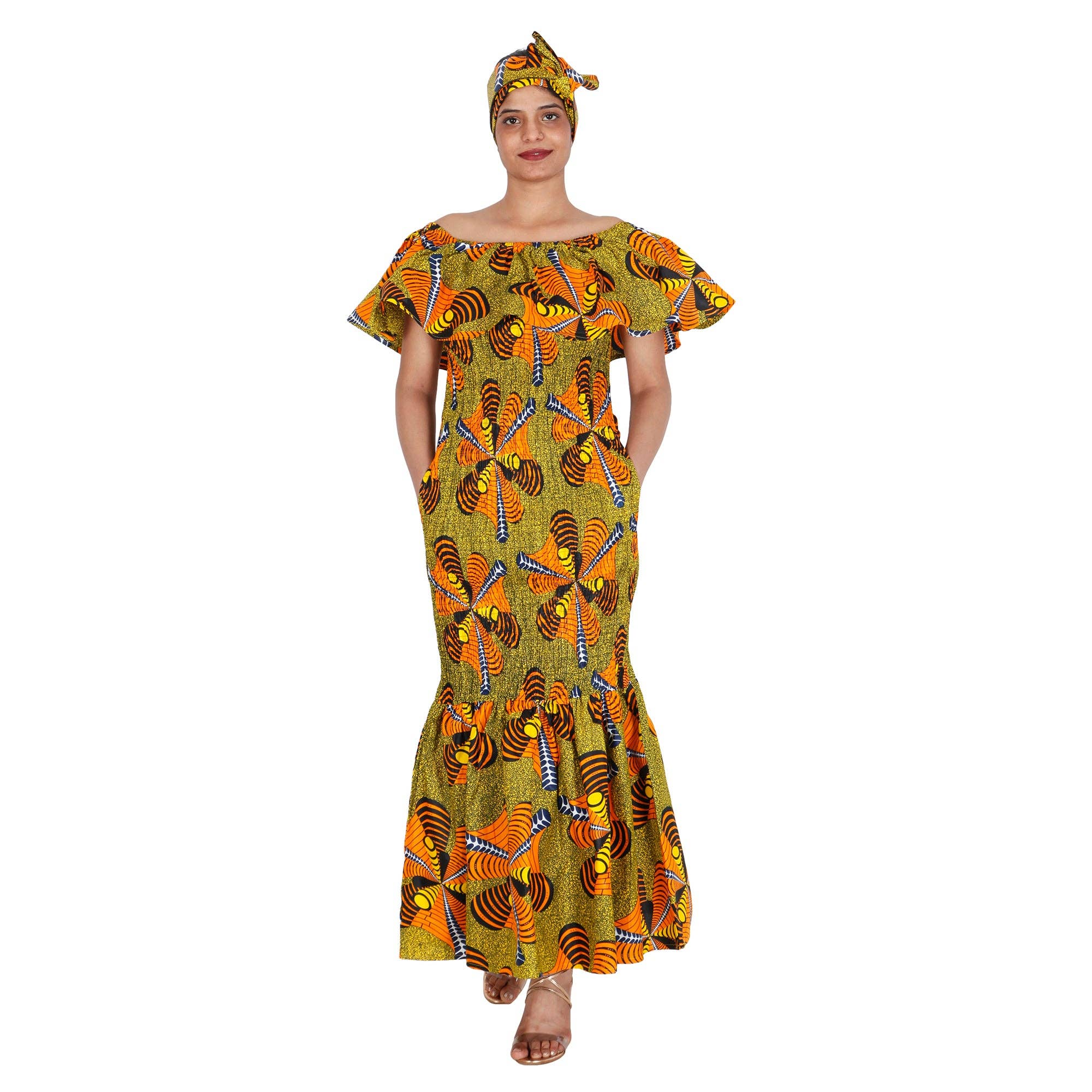 African Stars - Wholesale Dress - Women's - Women's Printed Smocking Off Shoulder Mermaid Dress - FI-P5007713