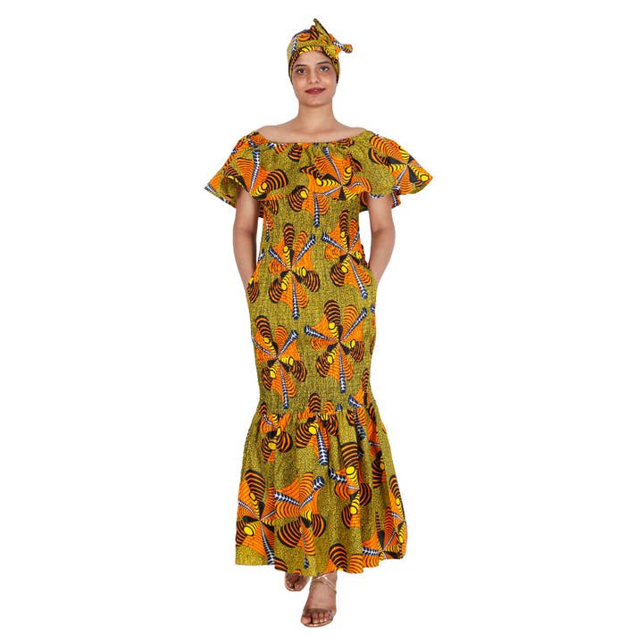 African Stars - Wholesale Dress - Women's - Women's Printed Smocking Off Shoulder Mermaid Dress - FI-P5007713
