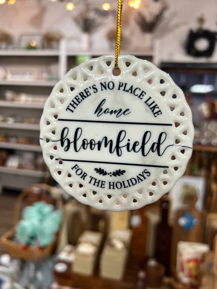Custom Home for the Holidays Round Ceramic Town Ornament for wholesale by Pretty Handy