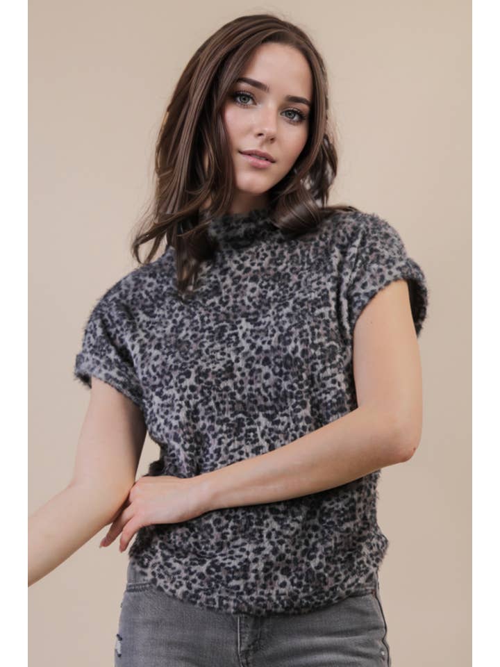 VERY J - Wholesale Sweater Vest - Women's - NT12303-Side Elastic Detail Leopard Soft Knit Vest Top1