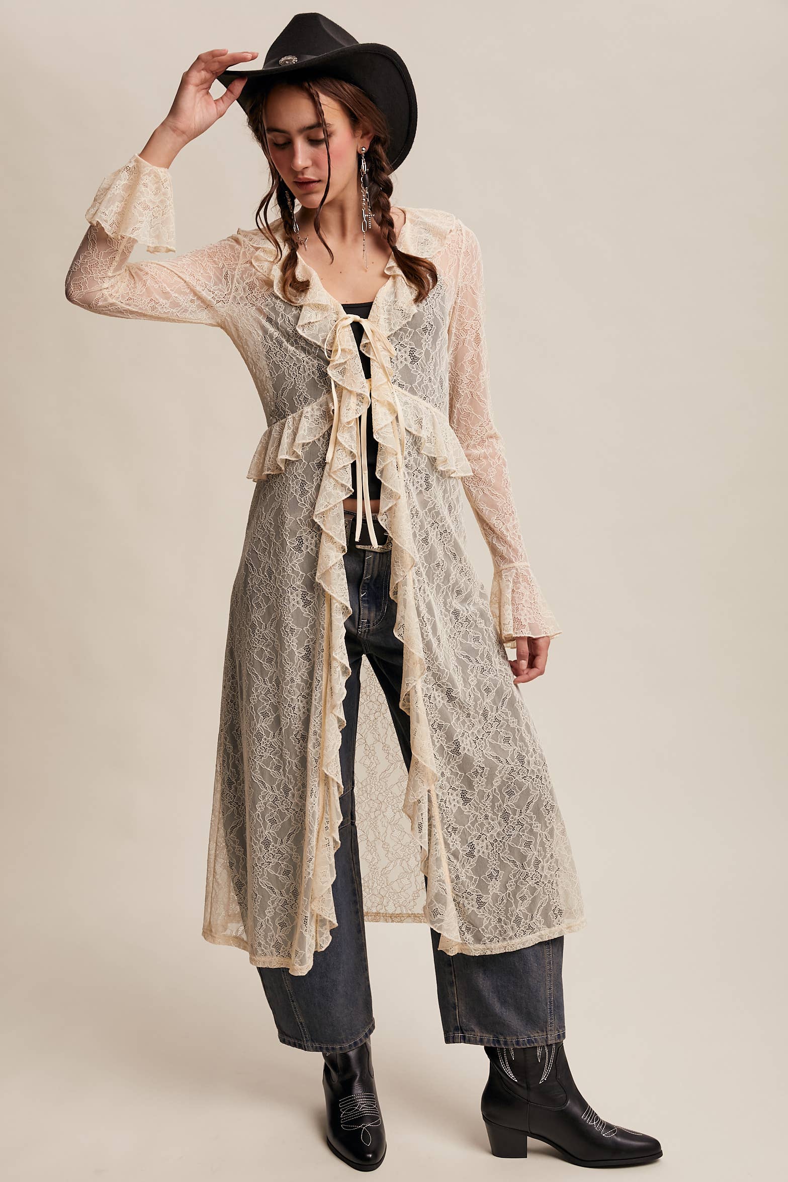 Listicle - Wholesale Kimono - Women's - Sheer Lace Ruffle Duster LJ02592