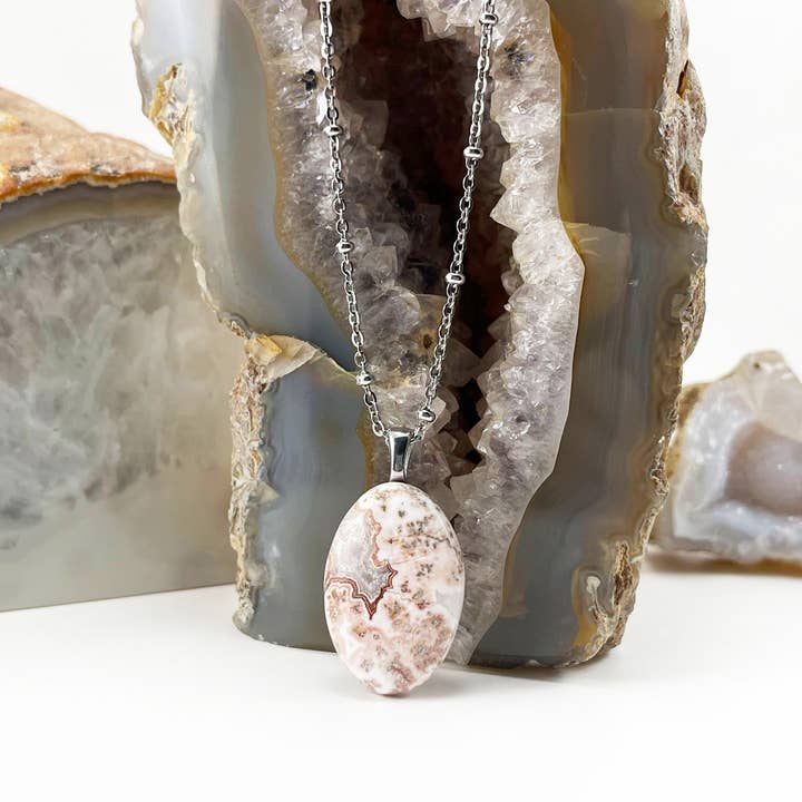 Colar Rosetta Jasper com Corrente de Aço Inoxidável Prateado por atacado de GEOFOX Wares of the Earth