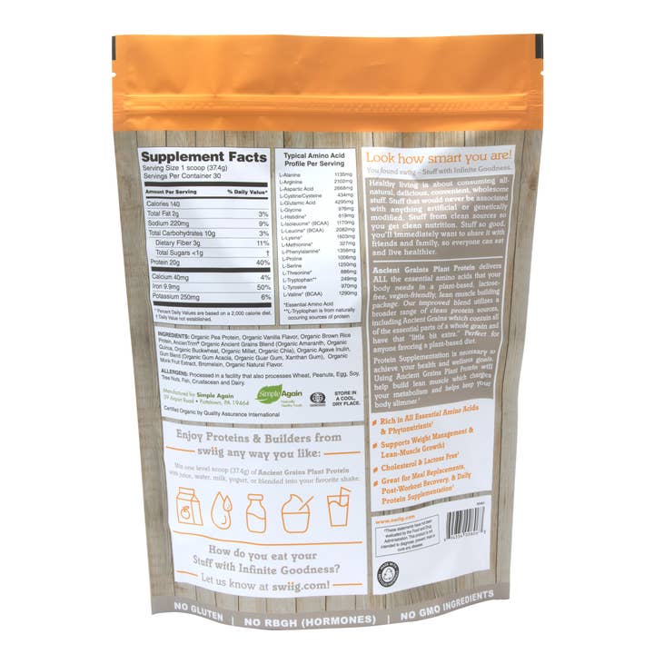 swiig - Wholesale Protein/Superfood Powder - Organic Ancient Grains Plant Protein, Vegan, Vanilla