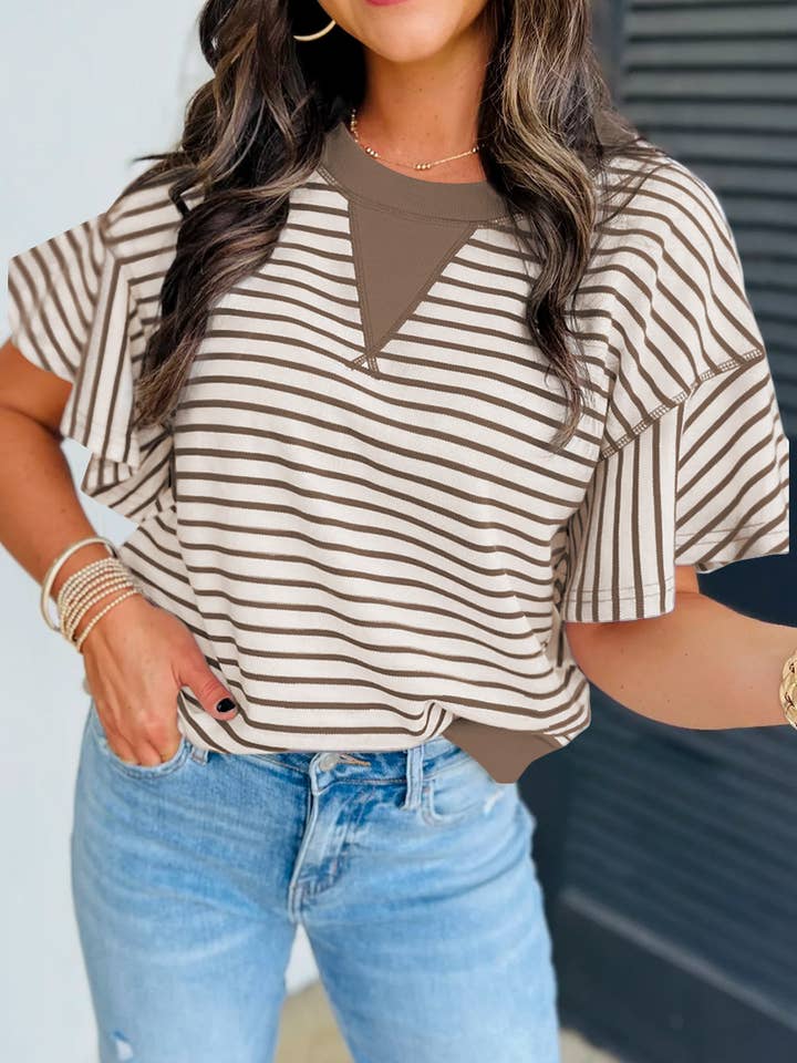 Lovesoft - Wholesale Blouse - Women's - Bright Green Contrast Detail Striped Ruffle Short Sleeve Top