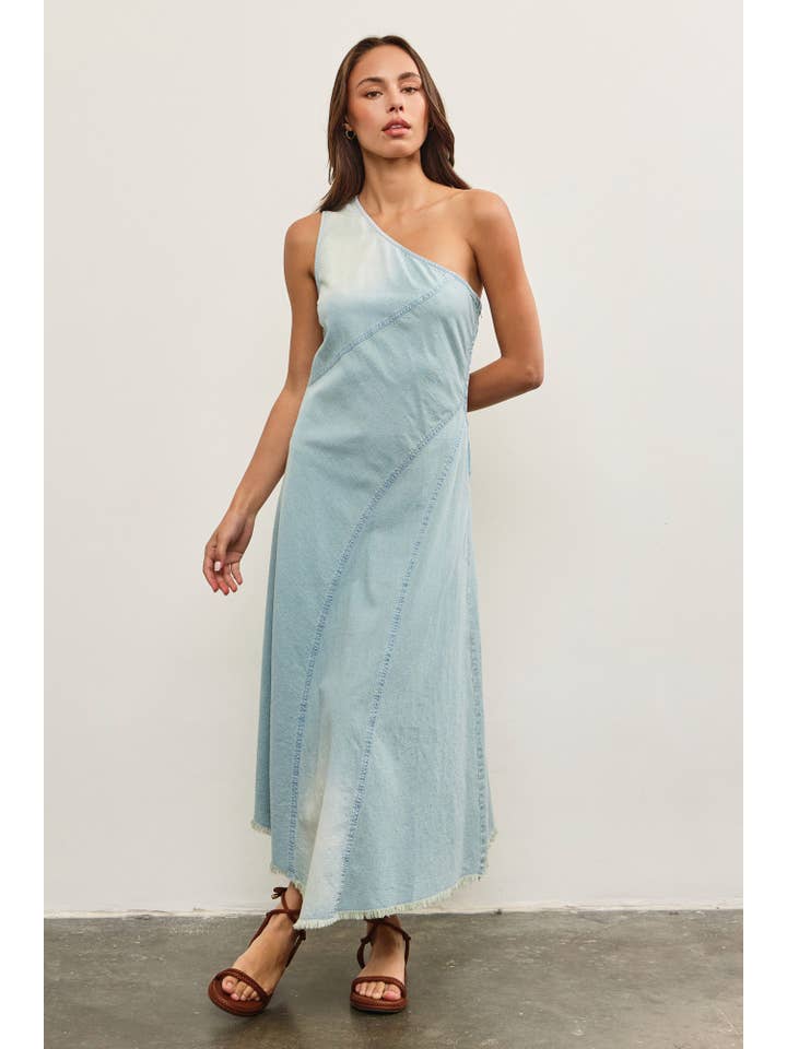 RAW CUT HEM ONE SHOULDER DENIM DRESS for wholesale on Faire
