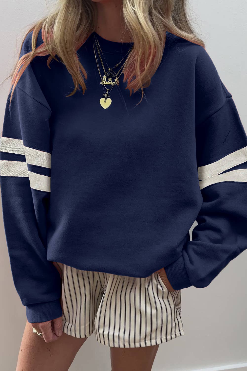 Little Daisy Closet - Wholesale Sweatshirt - Women's -  LDC Varsity Striped Detail Drop Shoulder Sweatshirt1