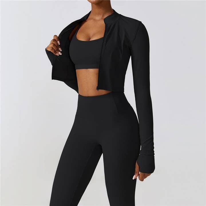 FurDecoration - Wholesale Activewear Set - Women's - Solid Color Sports Bra, Cropped Outerwear, and Leggings Three-Piece Set