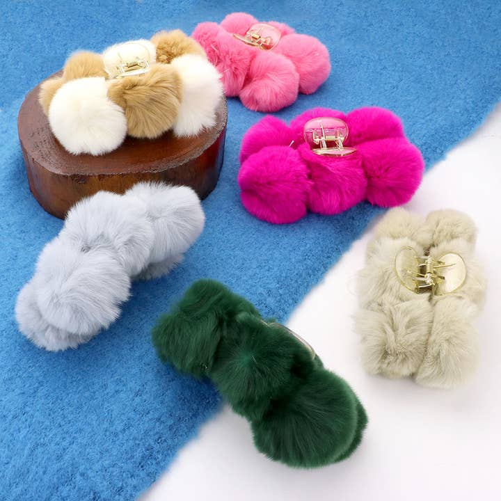 Sensibling Corp. - Wholesale Hair Clip - Women's - Faux Fur Triple Pom Pom Hair Claw Clip9