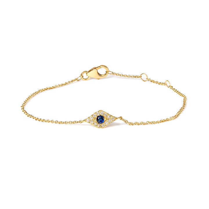 Bracciale Evil Eye Station in oro 10 carati con zaffiri blu e diamanti per la vendita all'ingrosso da parte di Infinite Jewels