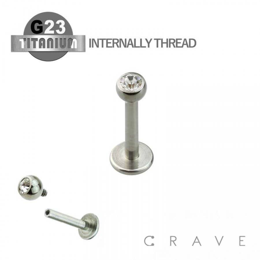 CRAVE - Wholesale Stud/Post Earrings - TITANIUM INTERNALLY THREADED LABRET STUDS CLEAR GEM0