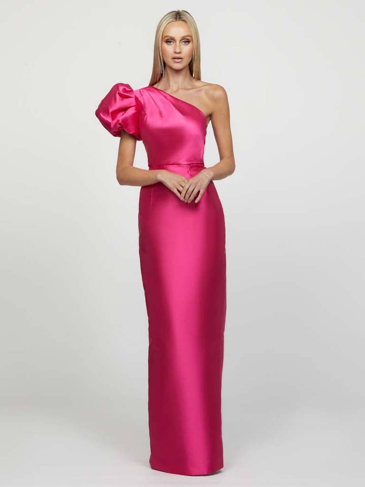 FUCHSIA MARCHESA ONE SHOULDER GOWN B65D18L for wholesale on Faire