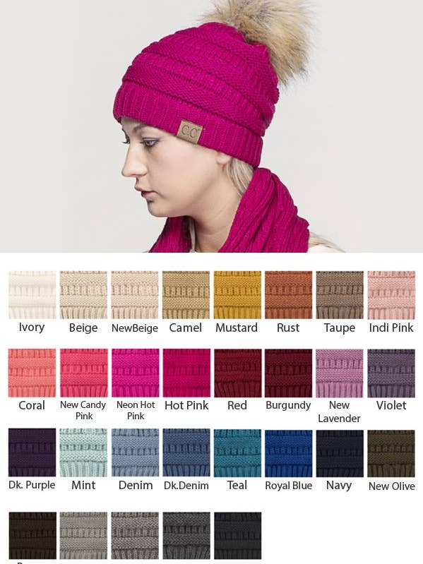 CC Solid Ribbed With Fur Pom Pom Beanie for wholesale by Suzie Q USA