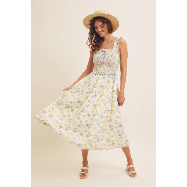 BUTTER CREAM BLUE LOVELY FLORAL SMOCKED MIDI DRESS WITH BOW for wholesale on Faire