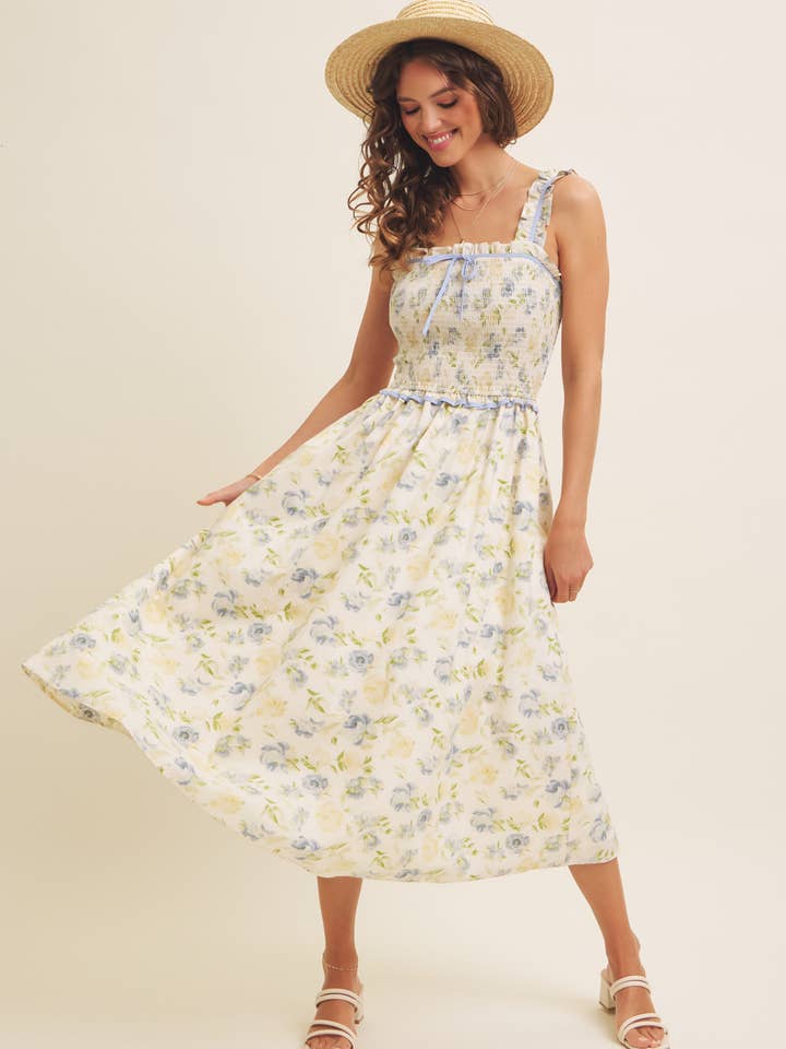 Midi-kjole med floralt print, smock og sløjfe for engroshandel hos in february