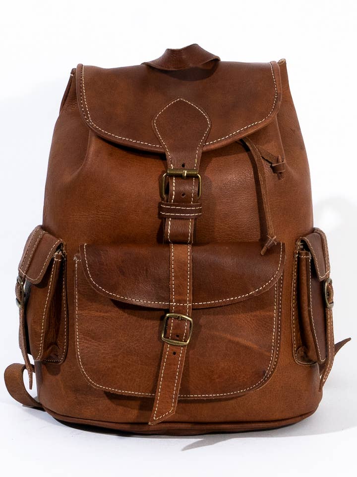 Håndlavet brun læderrygsæk med flere lommer for engroshandel hos isli and tisli
