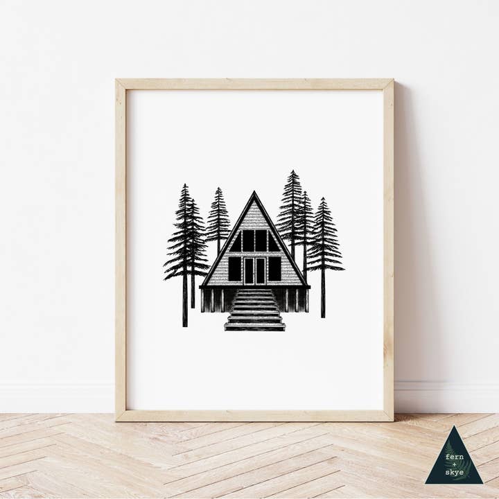 Woodland A-frame Cabin Art Print for wholesale by Fern and Skye