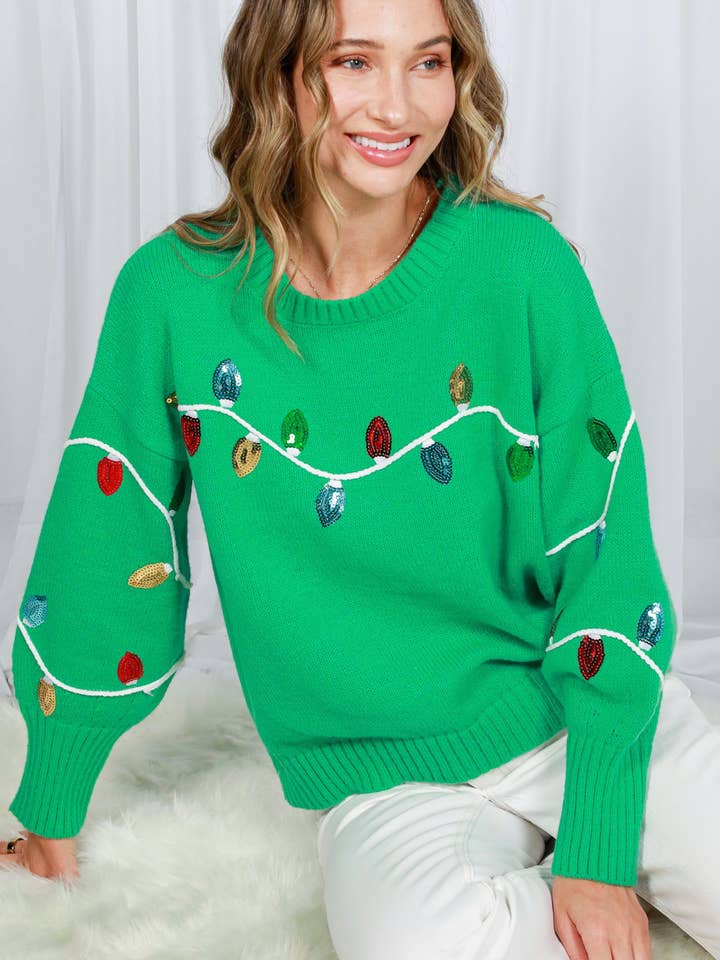 Christmas Light Sequin Crew Neck Knitted Sweater VT82258 for wholesale by Vine & Love