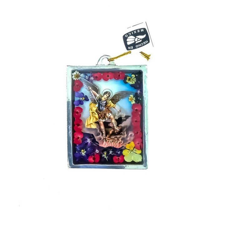 Guadalupe Gifts - Wholesale Wall Accent - St Michael the Archangel Wall Frame w/ Pressed Flowers 4.5" x 3.2"