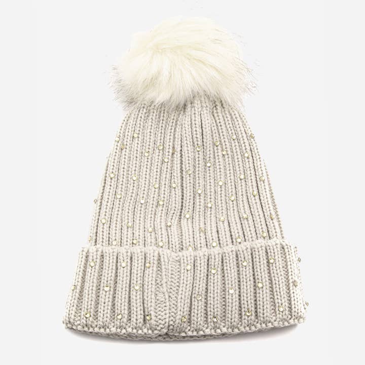 Collections by Fame Accessories - Wholesale Beanie - Women's - Crochet Knit Rhinestone Studded Pom Beanie