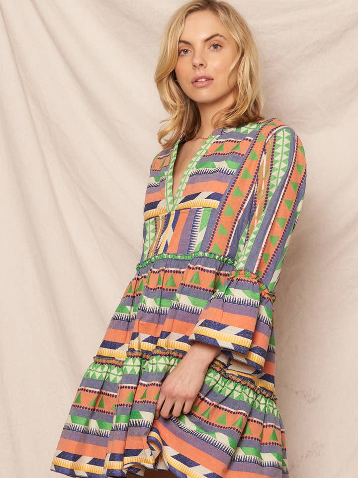 En Crème - Wholesale Dress - Women's - 3/4 Sleeve V-Neck Tiered Mini Dress