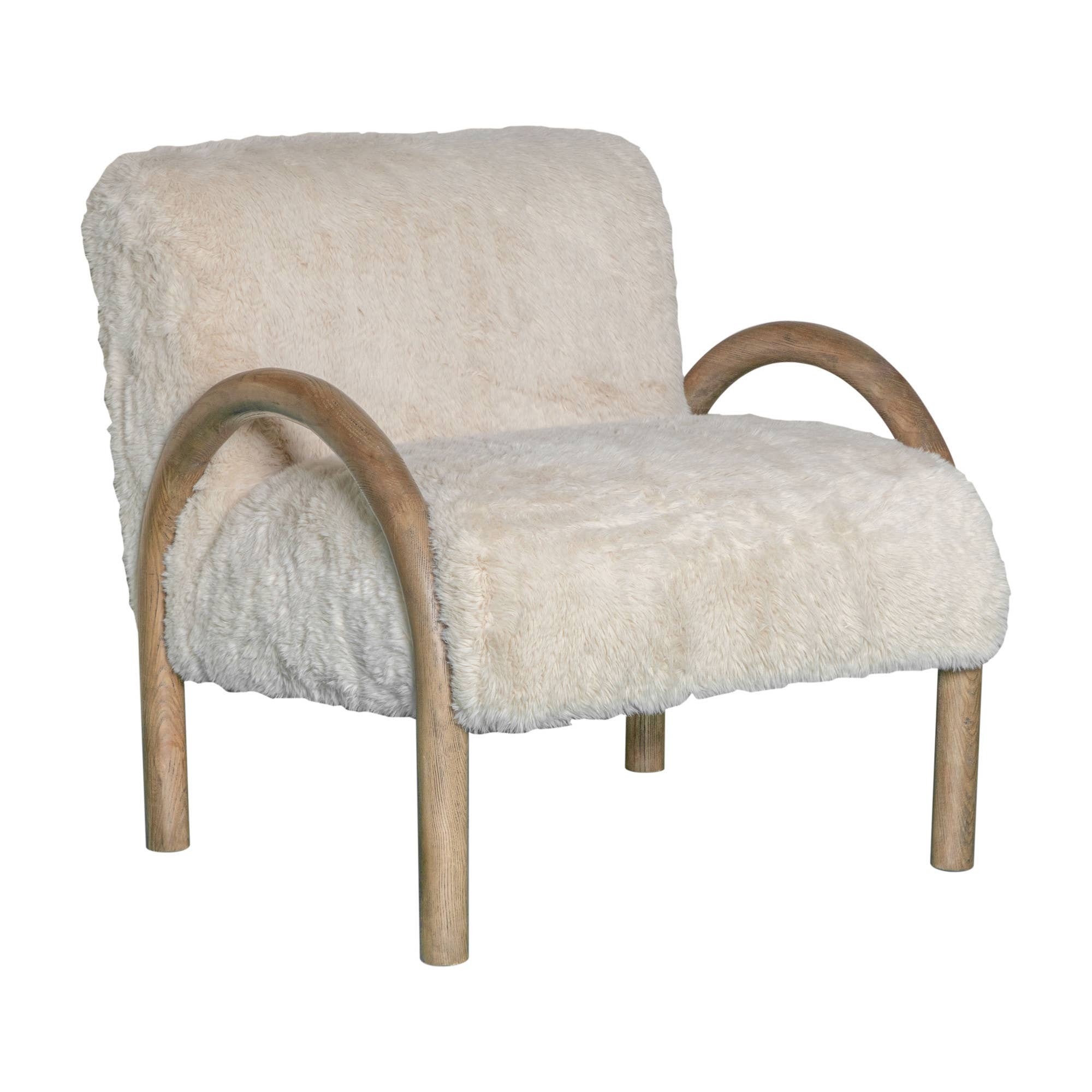 HomeRoots - Wholesale Chair - 30" Off White and Natural Faux Fur And Wood Arm Chair3