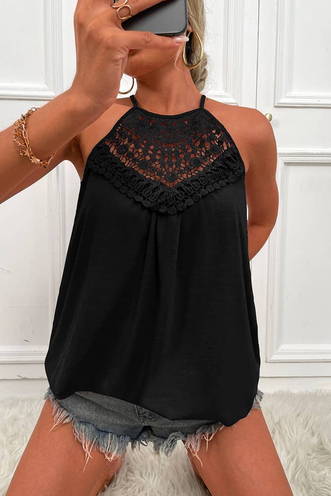 YS2419 Summer Lace Hollow Out Stitching Halter Tank Top