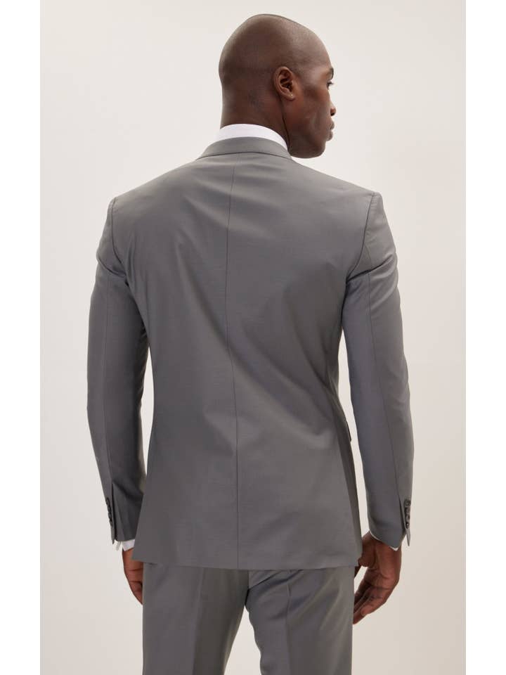 GRIS OSCURO Traje con doble botonadura de lana merino Super 120S para hombre, color gris oscuro de venta al por mayor en Faire4