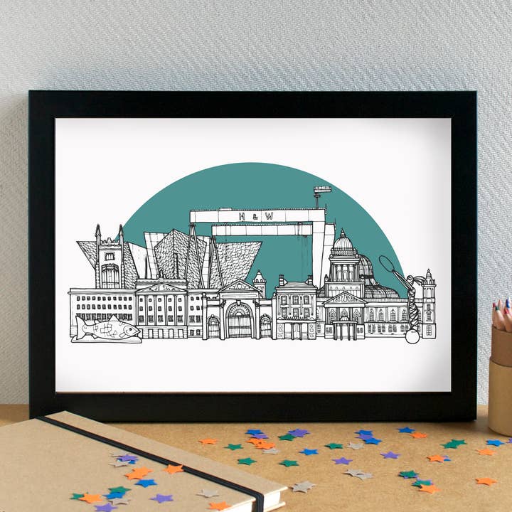 Belfast Skyline Landmarks Art Print - unframed for wholesale by Becka Griffin Illustration