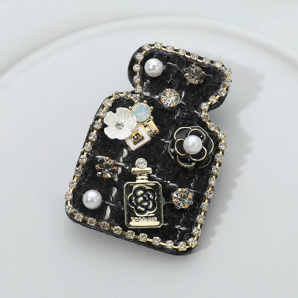Sensibling Corp. - Vendita all'ingrosso Spille - Spilla Fermaglio per Capelli a Forma di Bottiglia di Profumo in Tweed con Fiori di Perla Decorati1