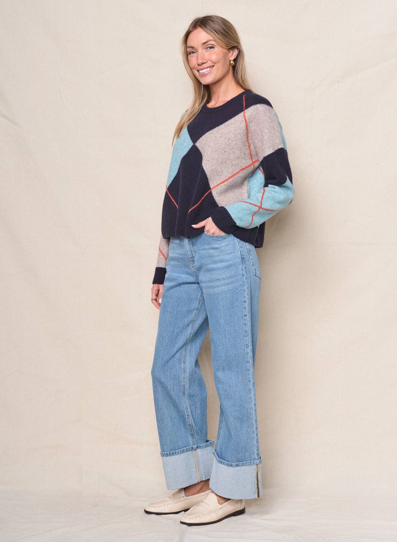 Stateside – Pulôver - Mulher por atacado – Camisola de Gola Redonda Argyle em Azul Marinho Multicolorido5